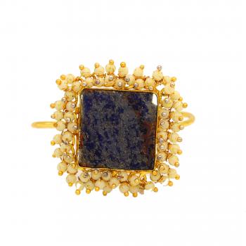 Gold Plated Rough Sodalite and Pearl Stone Seated Bracelet - Unique Beauty and Timeless Elegance